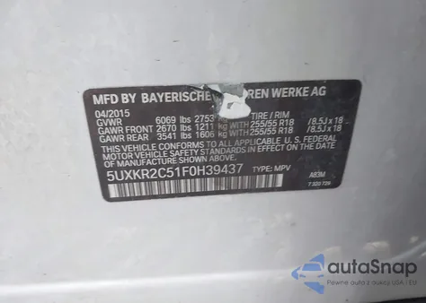 2015 BMW X5 Sdrive35I z USA, uszkodzony, nr VIN 5UXKR2C51F0H39437